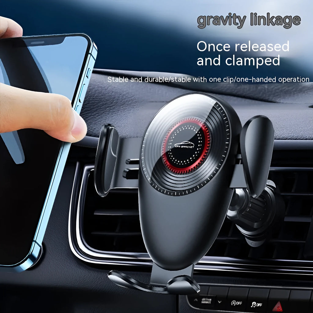 Black car air vent phone bracket with adjustable arms for universal smartphone mounting