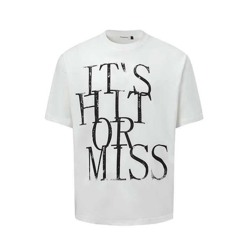 Men's blue American-style letter printed cotton blend T-shirt with round neck and loose fit design