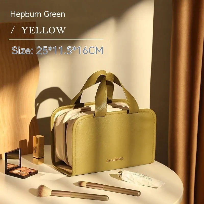 Imitation leather cosmetic bag in large capacity portable design for car storage