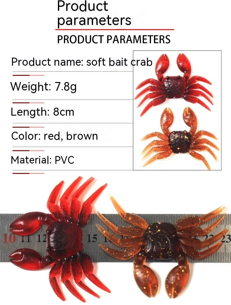 8cm PVC artificial crab fishing lure in red and brown colour options