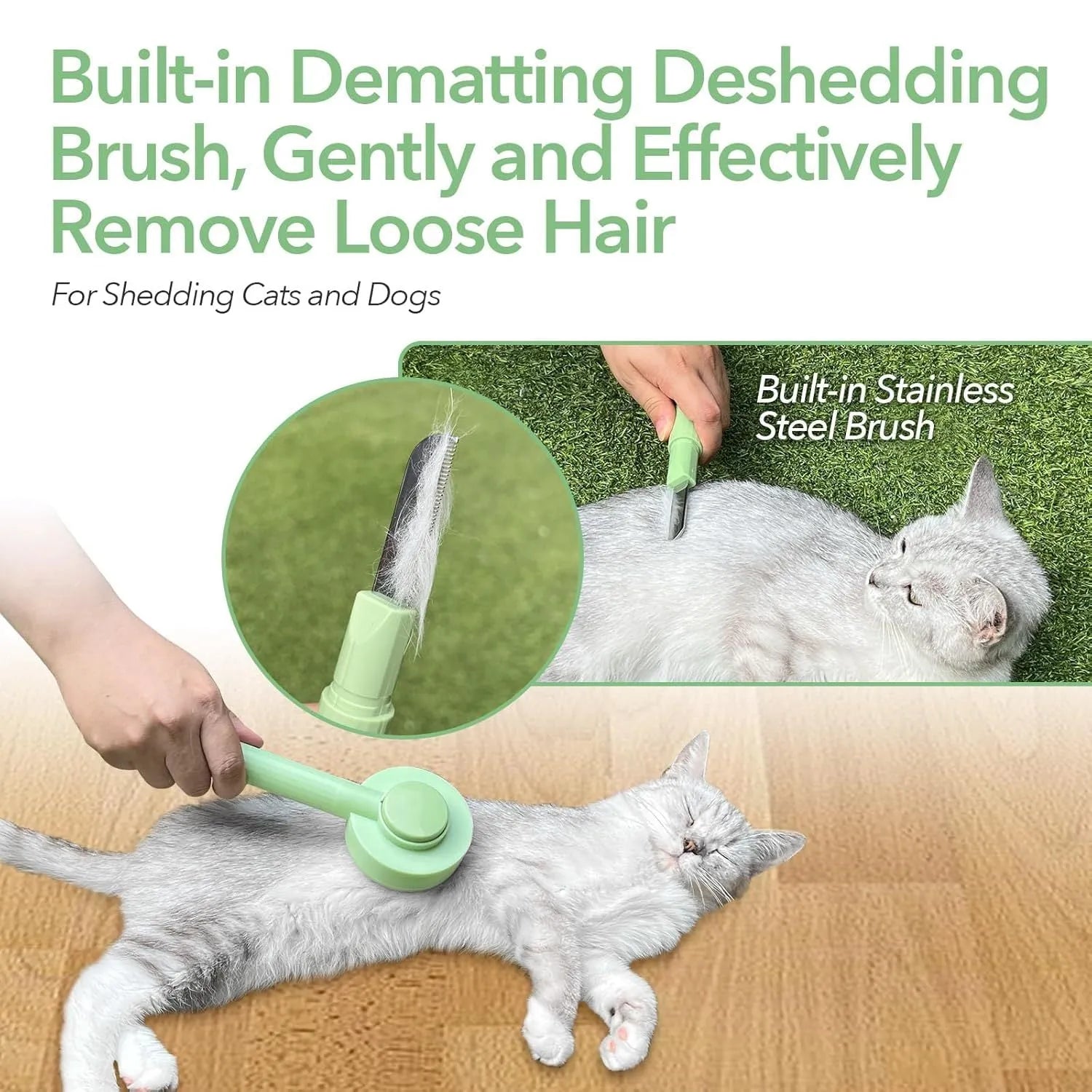 Green and yellow 2-in-1 cat grooming brush with stainless steel deshedding tool and hanging loop