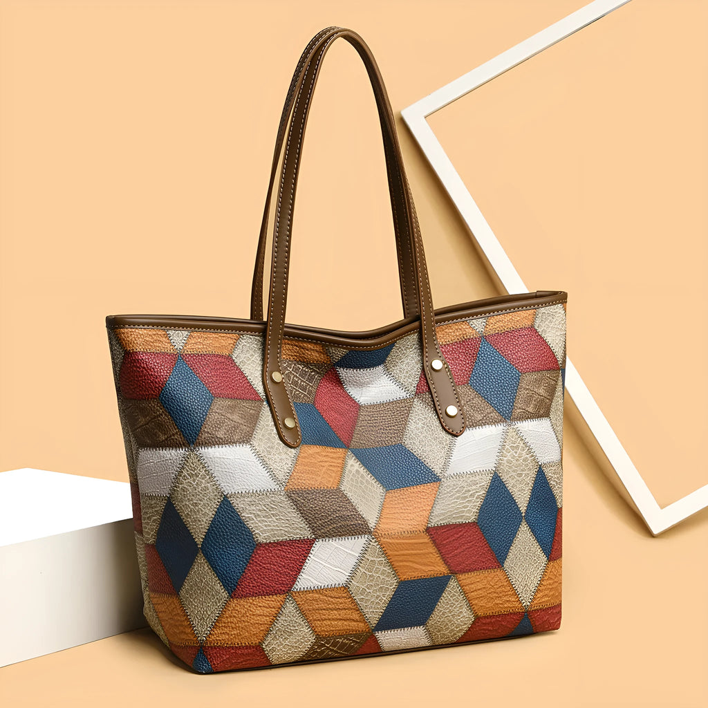 Women's blue brown PVC shoulder handbag with sandwich pocket design and large main compartment