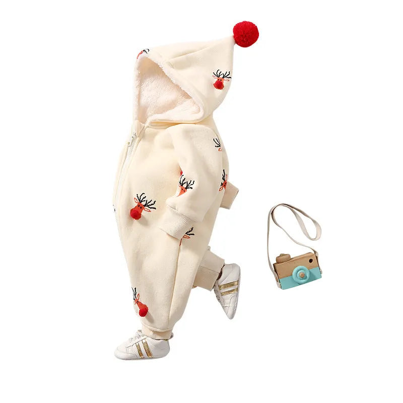 Khaki baby padded crawling suit with Christmas moose print in Korean style