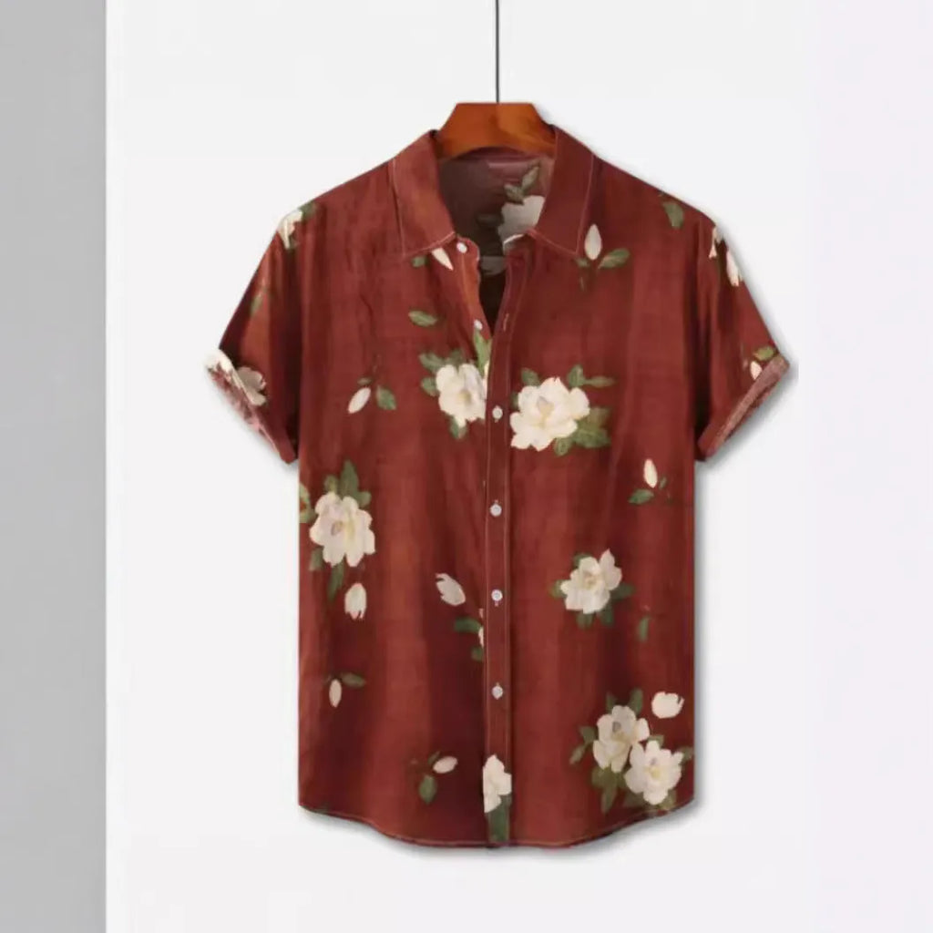 Hawaiian floral print lapel short sleeve shirt in elastic polyester fabric on a hanger