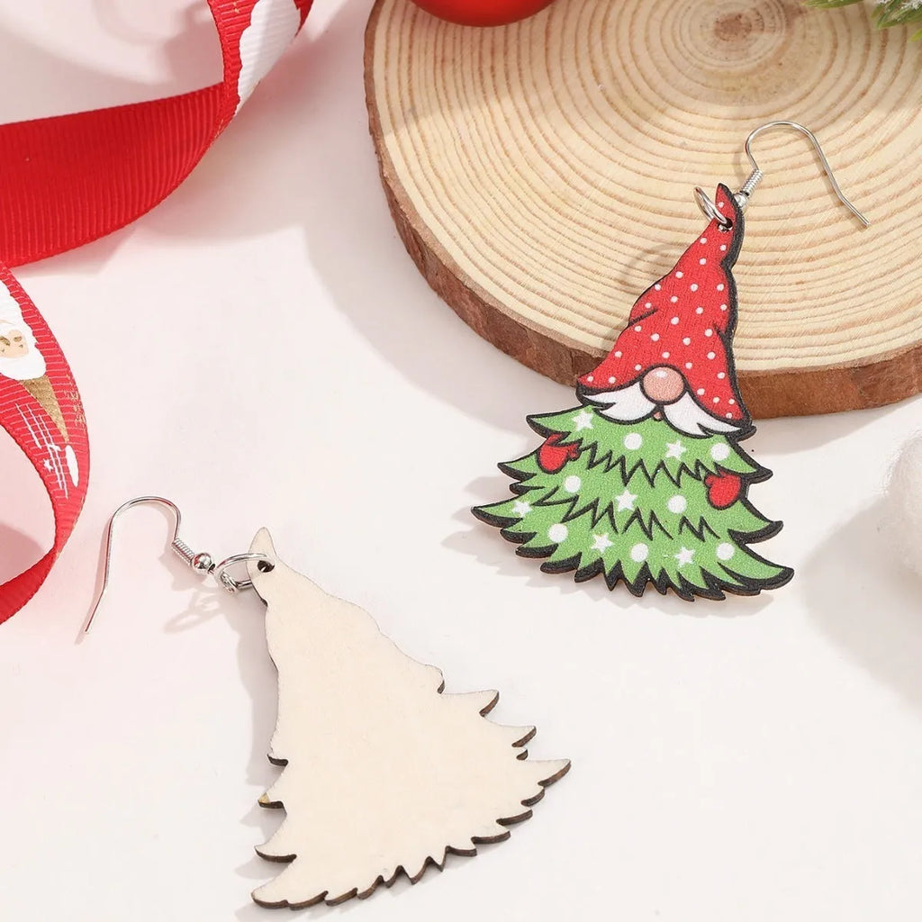 Christmas wooden earrings with printed tree and snowman designs