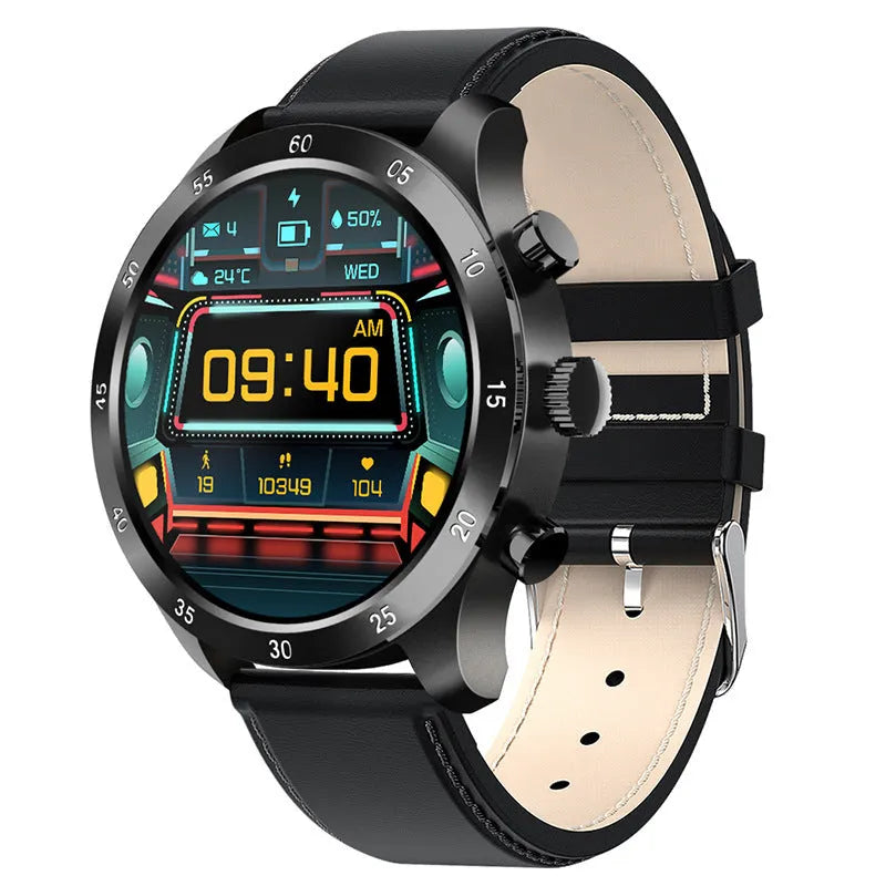 Black steel Bluetooth smart watch for iPhone with heart rate monitor on a wrist