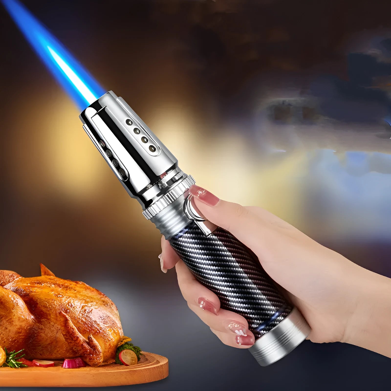 Windproof electronic inflatable cigar lighter direct blue flame spray gun zinc alloy 1300°C 180x37mm black