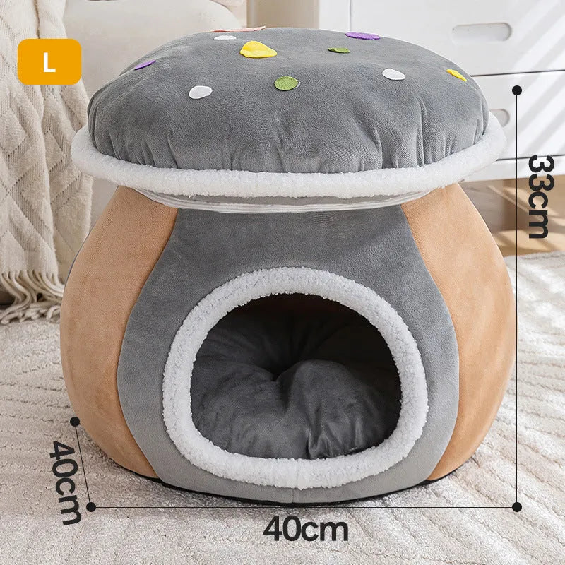 Grey mushroom-shaped plush cat nest with a round entrance, showing thick thermal lining and a separate blanket.