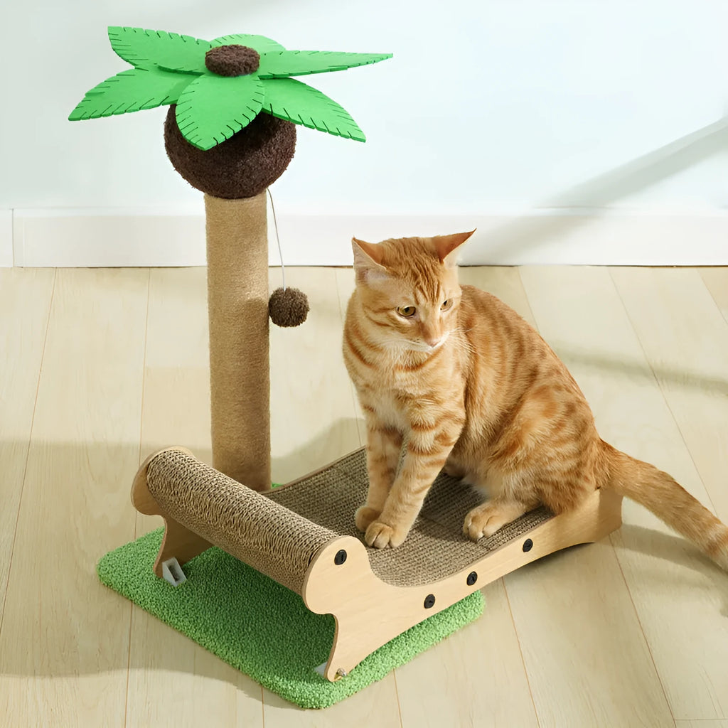 Solid wooden cat climbing frame with integrated hemp scratch board and beach chair-shaped nest for cats.