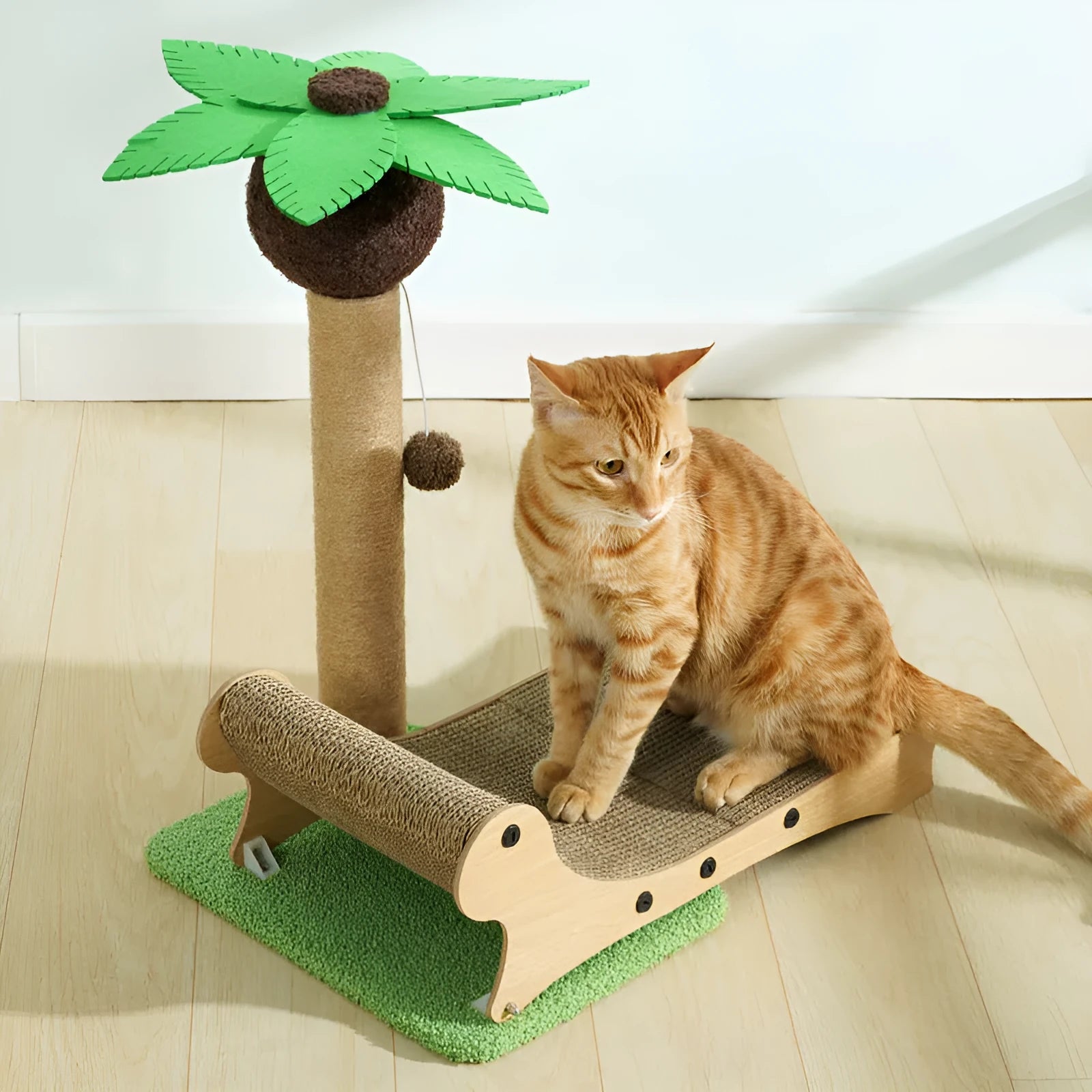 Solid wooden cat climbing frame with integrated hemp scratch board and beach chair-shaped nest for cats.
