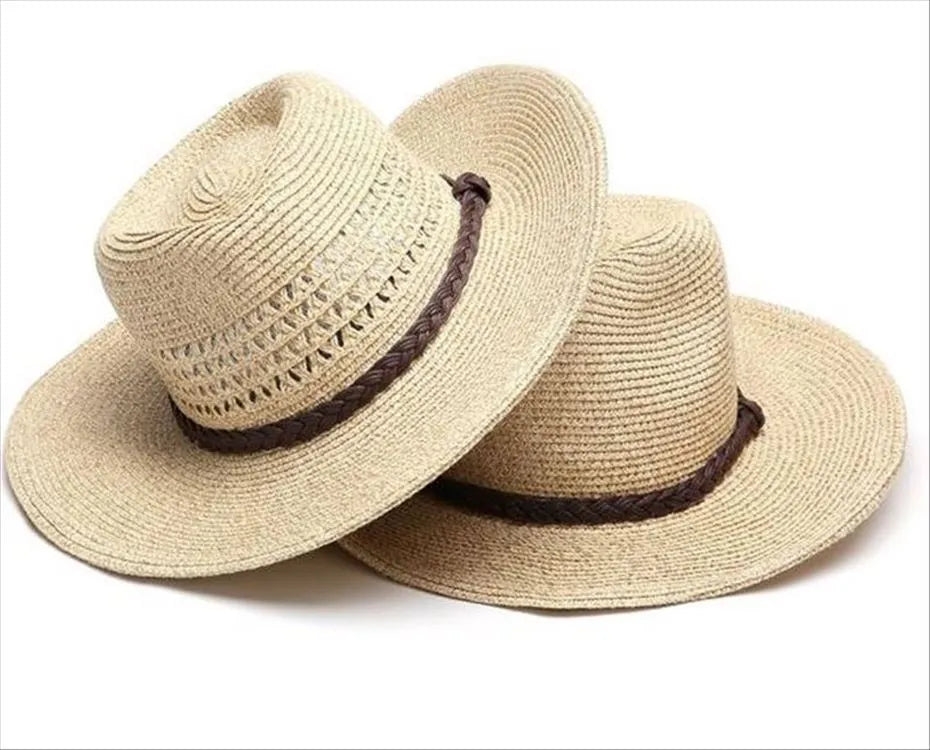 Men's foldable straw sun hat with wide brim in beige colour showing foldable design for summer outdoor use