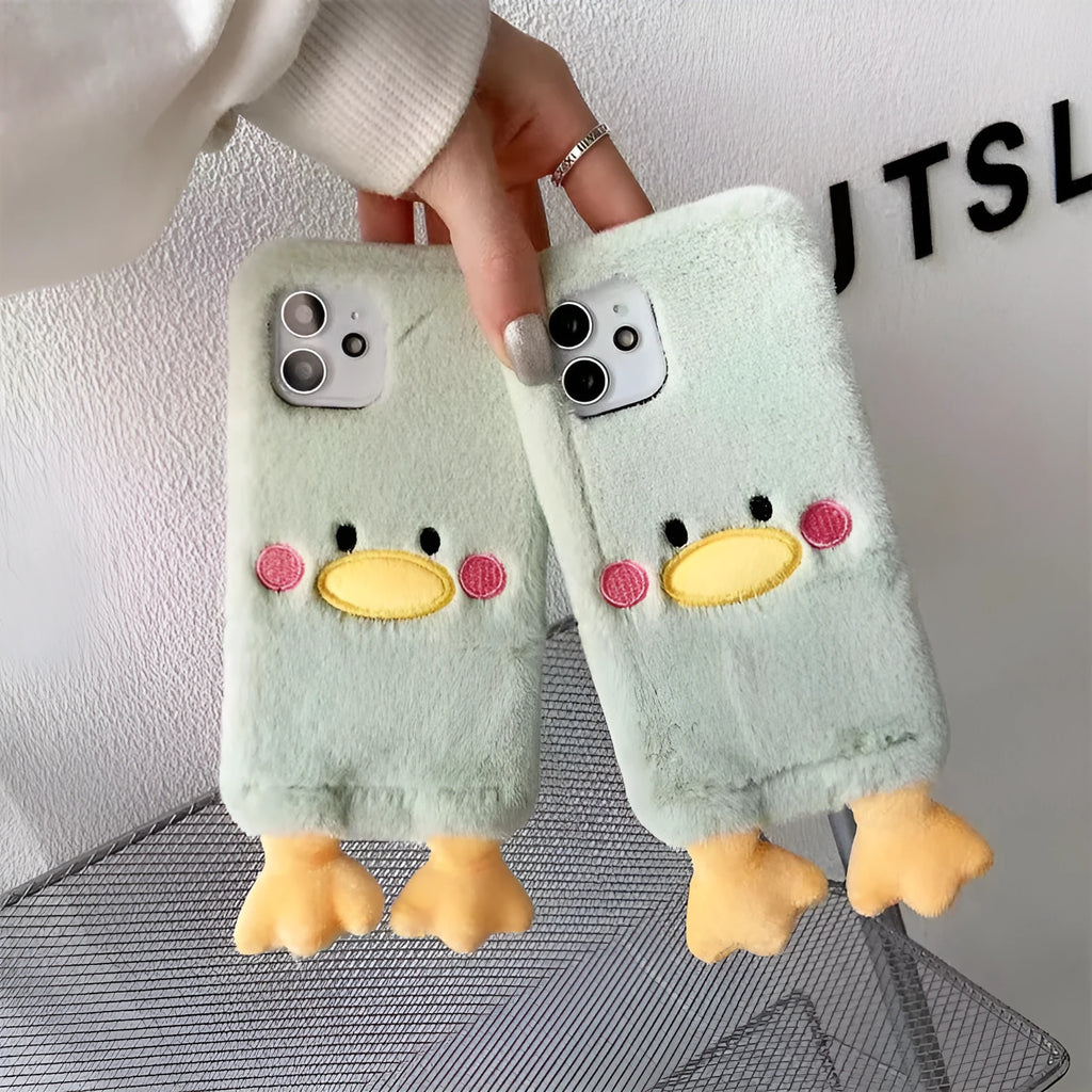Plush duck TPU phone case for Apple iPhone 15 Pro with fall protection, back cover style, winter design