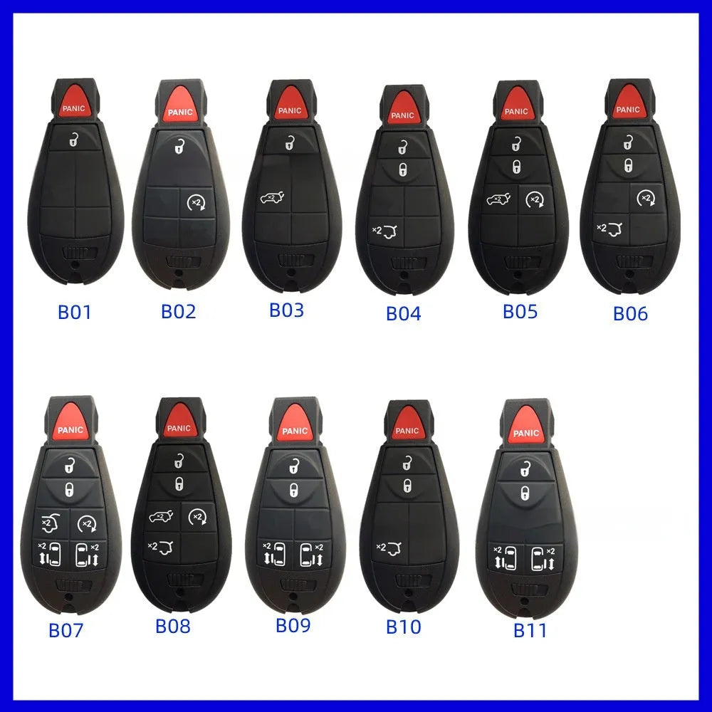 Chrysler Dodge car key replacement shell in ABS brass and nylon, showing dimensions 85mm x 42mm x 15mm.