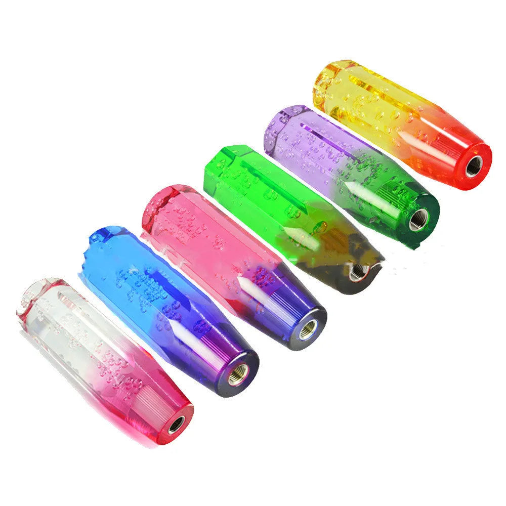 Transparent acrylic two-colour crystal gear lever in blue purple and yellow orange on a 15cm stick.