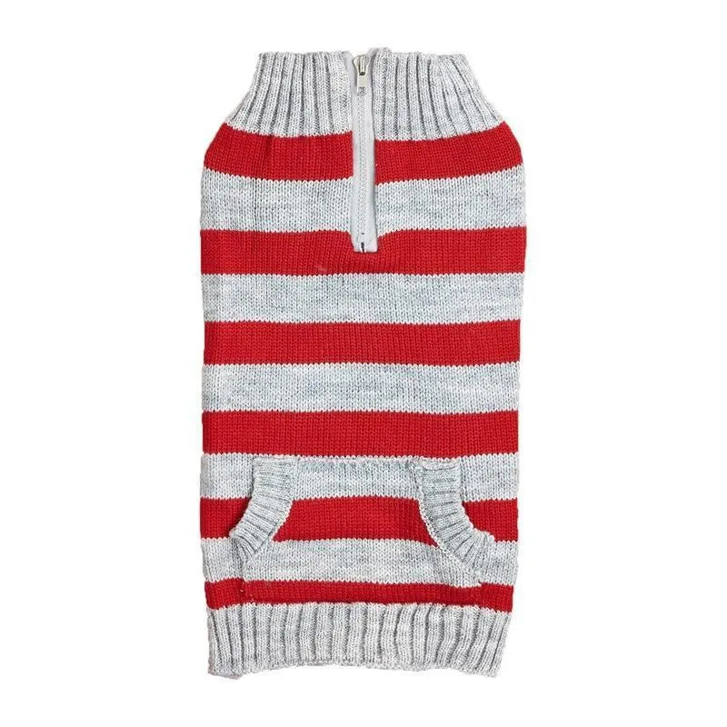 Blue dog jumper with a horizontal front zipper, a button pocket, and contrast trim on a small dog.