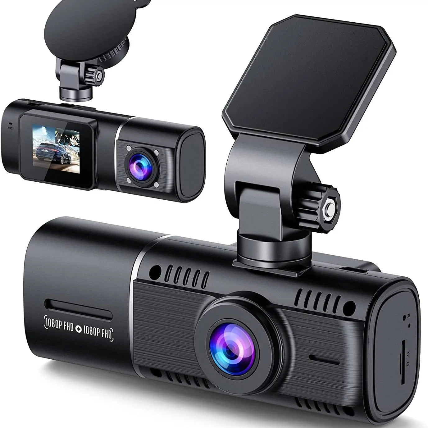 Black dual-channel car dash cam on windscreen mount with rear camera cable.