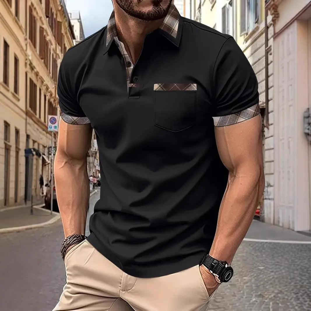 Men's loose fit colourblock plaid T-shirt with short sleeves and zipper decoration details