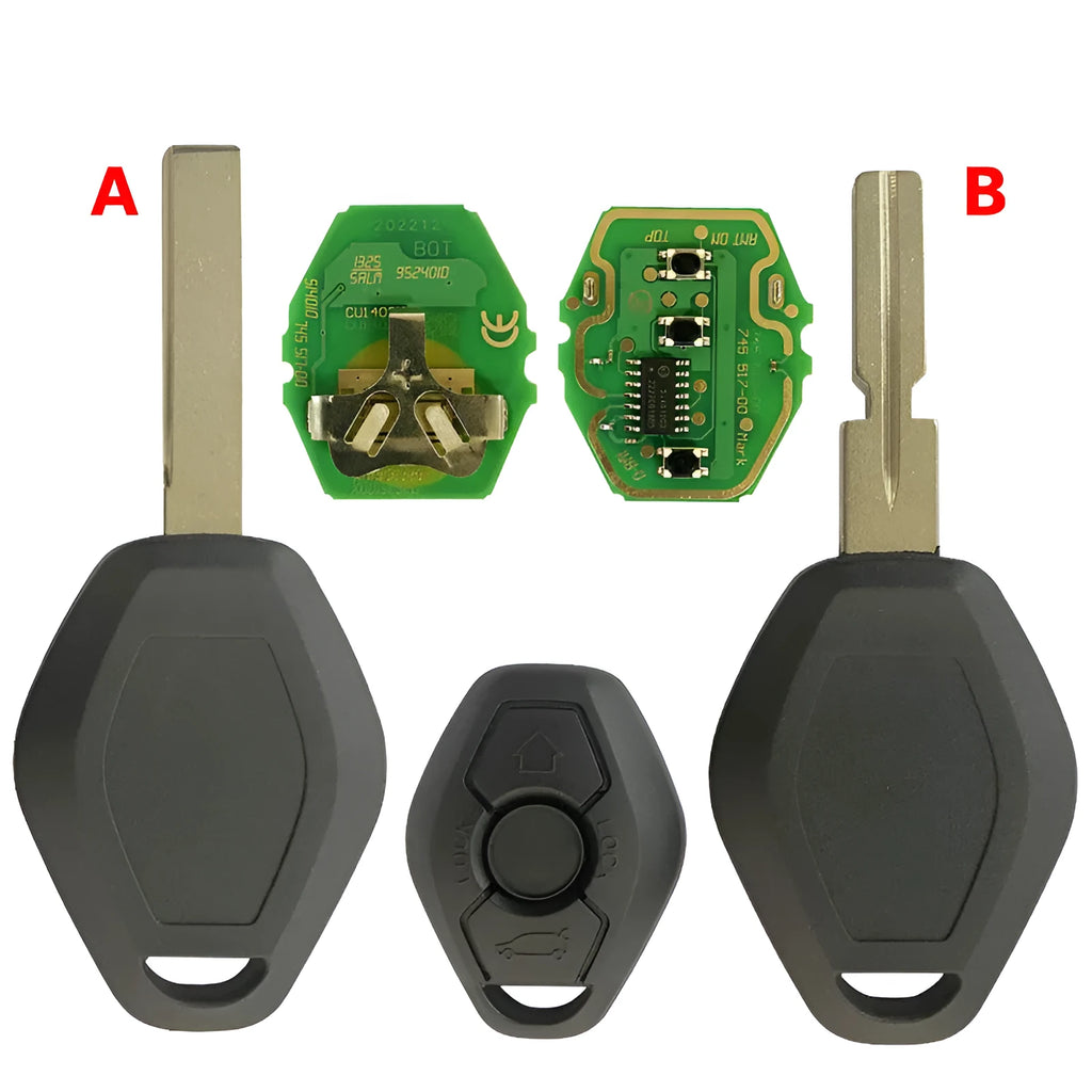 BMW EWS 3 remote replacement key with three buttons, ID44 chip, and HU58 blade cut