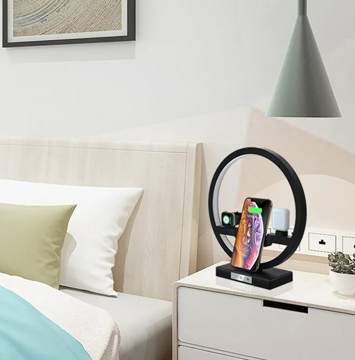 Black 3 in 1 wireless charger stand with ring light for phone watch and headset