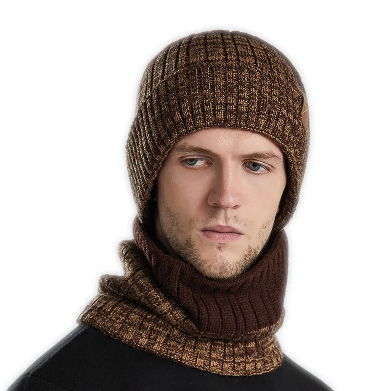 Fleece-lined thickened acrylic winter hat in dome style with matching neck warmer for men