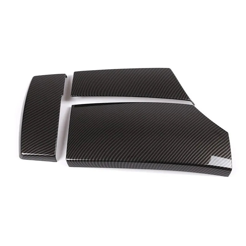 Three-piece set of glossy black ABS car armrest box covers with a carbon fibre weave pattern.