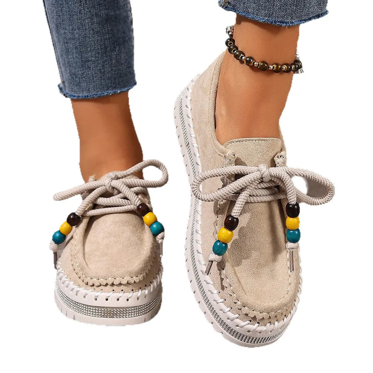 Retro full-covered women's flats in beige and camel, suede upper, thick rubber sole, lace-up, sizes 36-43