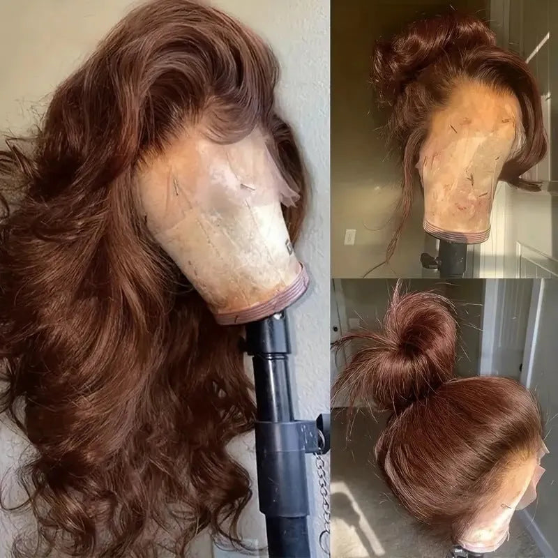 Women's long curly dark brown front lace wig with side bangs on a mannequin head