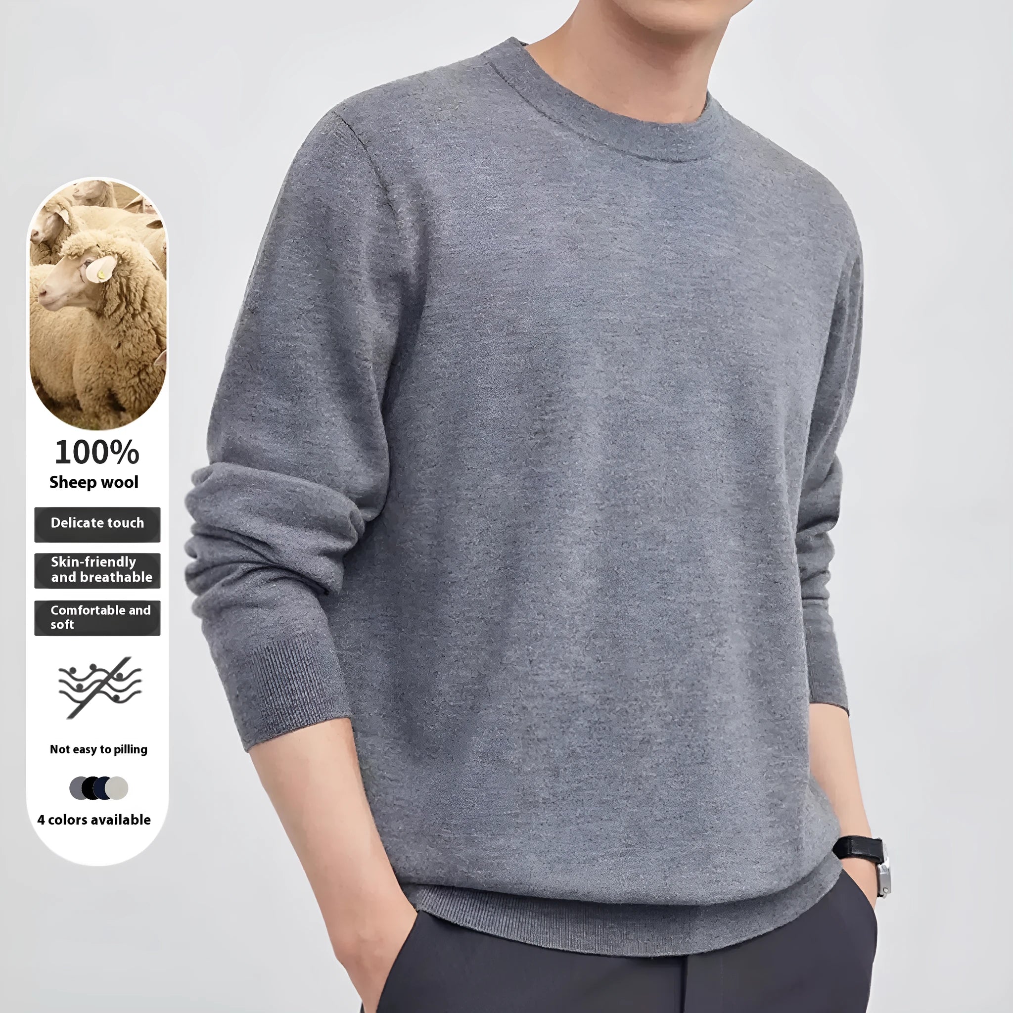 Men's regular cut wool pullover sweater in standard thickness for autumn winter wear