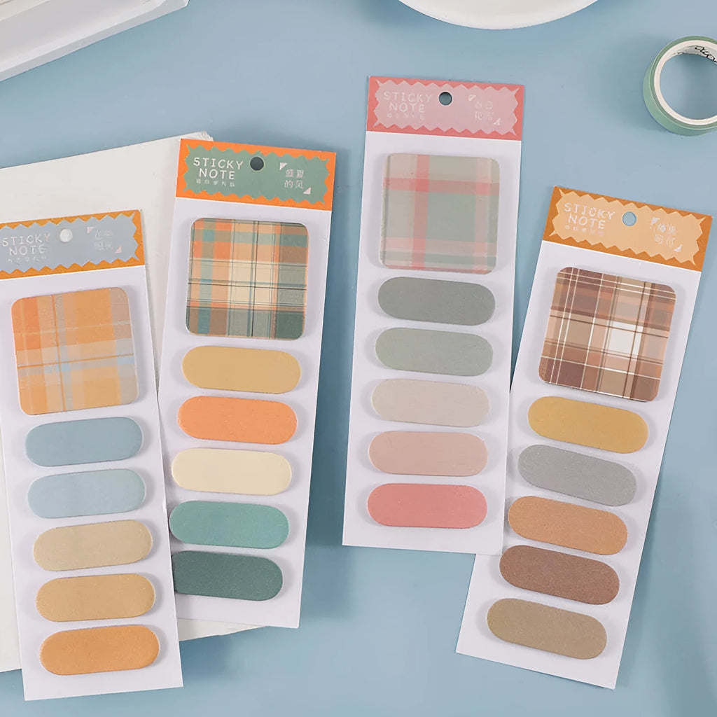 Colourful plaid memo pad sticky notes pack with six designs, 120 sheets total, each sheet 67mm by 200mm.
