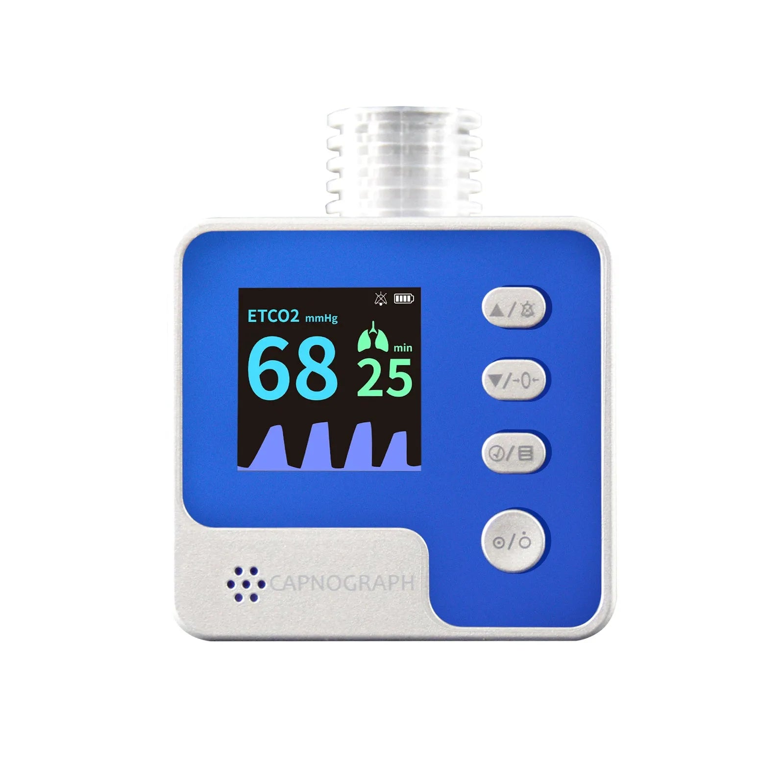 Veterinary CA10M mainstream CO2 capnograph monitor with display, air adapter, and AAA batteries in a handheld design