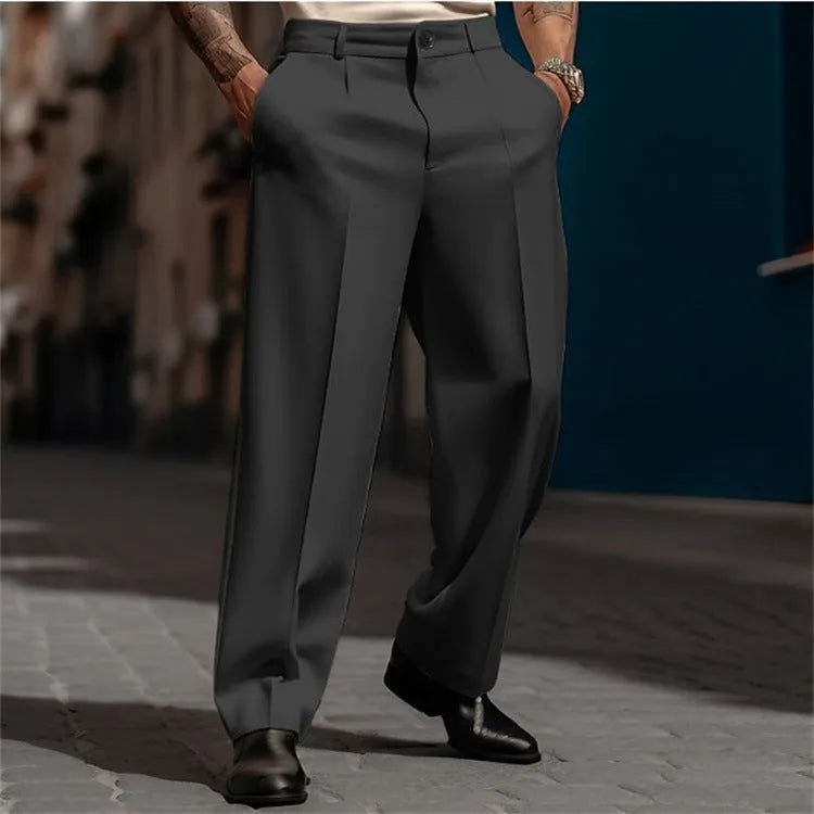 Men's straight solid colour suit trousers with diagonal pockets in khaki, on model, front view