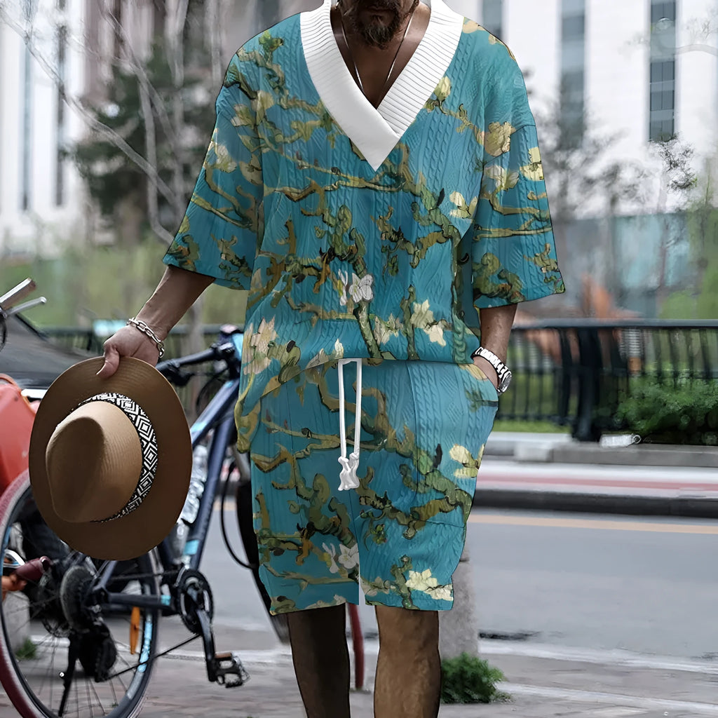 Men's peacock blue knitted shorts casual suit with a T-shirt top.