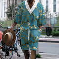Men's peacock blue knitted shorts casual suit with a T-shirt top.