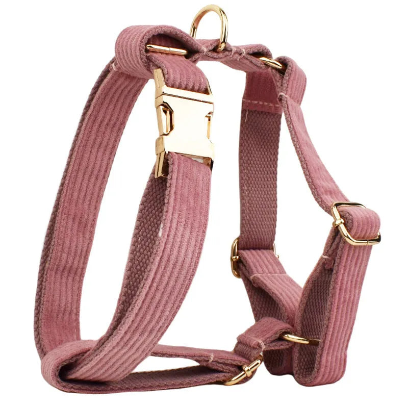 Corduroy dog collar and matching accessories including leash, vest, bow tie, and poop bag holder