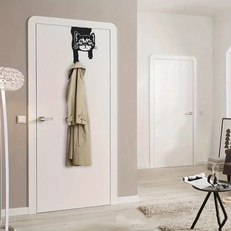 Black iron cat-shaped wall hook with punch-free mounting system