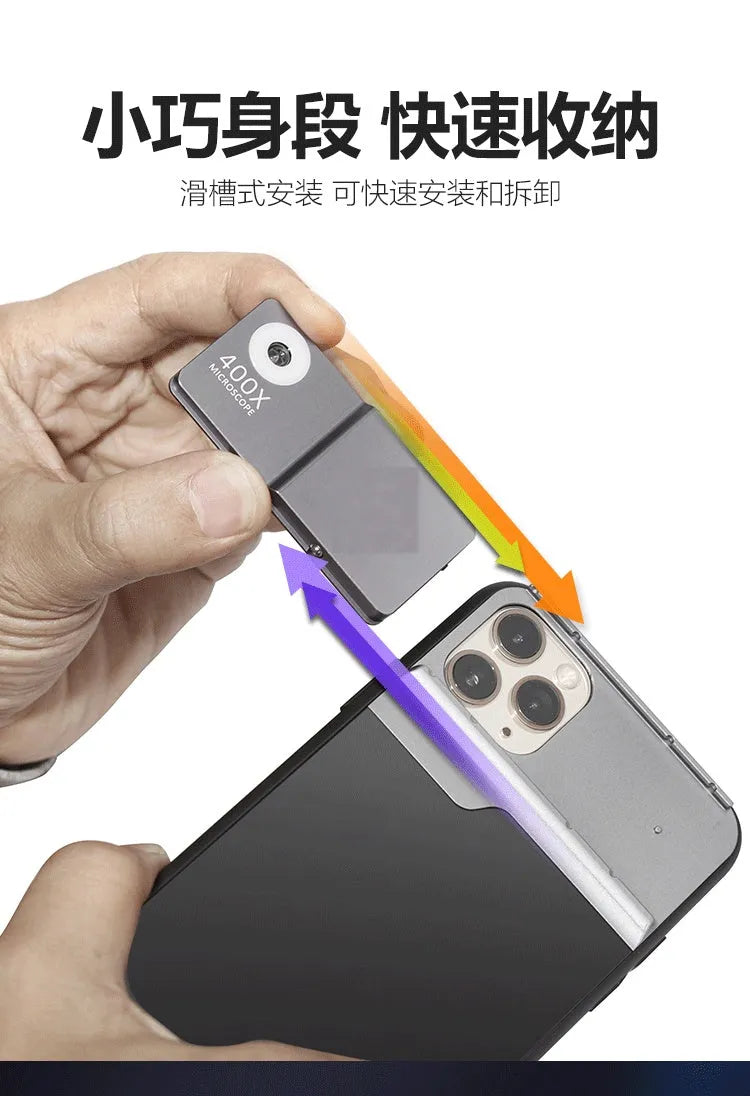 Black and silver aluminium alloy and TPU mobile phone microscope lens with 400X magnification for iPhone models