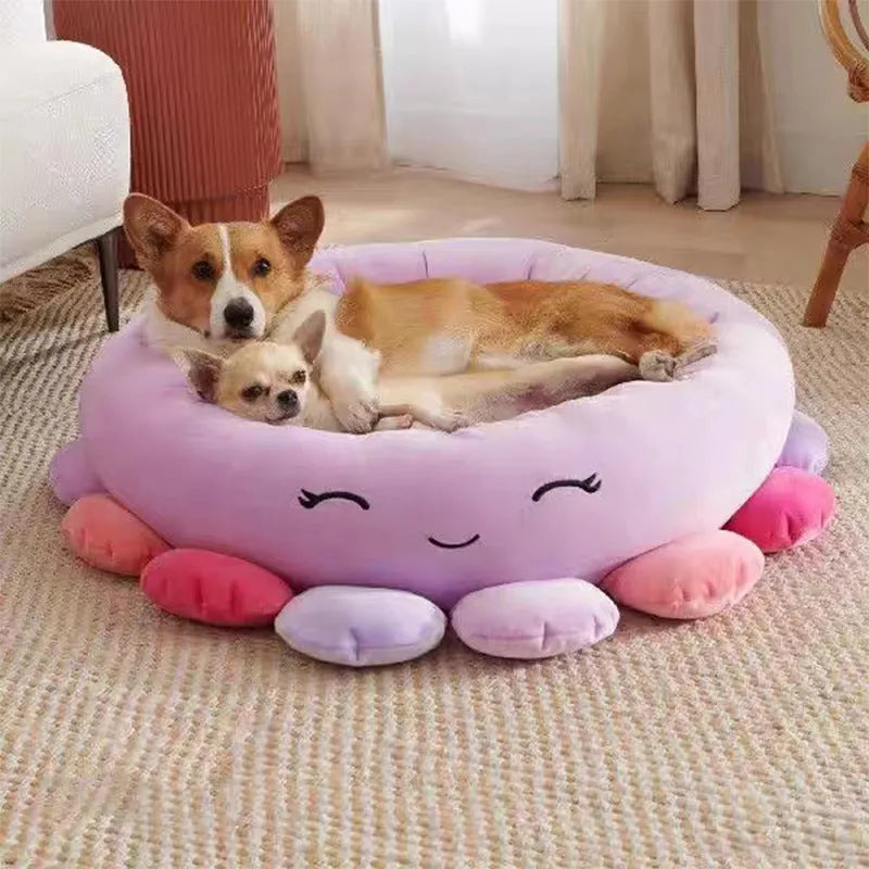 Large Squishmallows plush pet bed in green with bolster edges and non-skid bottom on floor