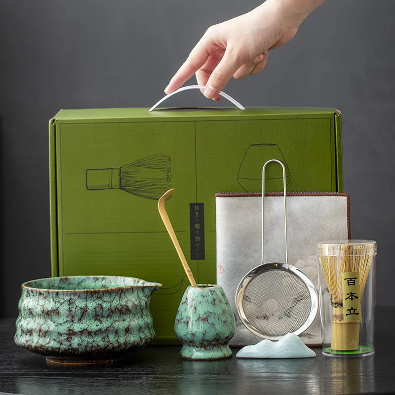 Japanese style matcha bowl set 7-piece gift box with bamboo whisk stand and ceramic bowl in cherry blossom blue