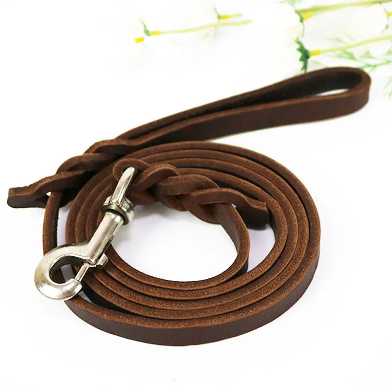 Cowhide leather dog lead rope for medium to large breeds showing thickened hand grip section