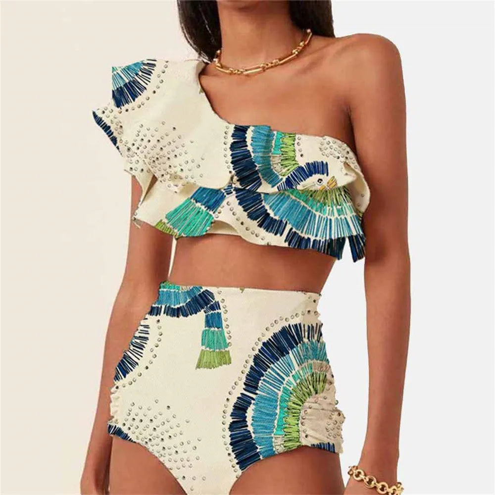 Women's white one-shoulder swimsuit with lotus leaf design and side split detail.