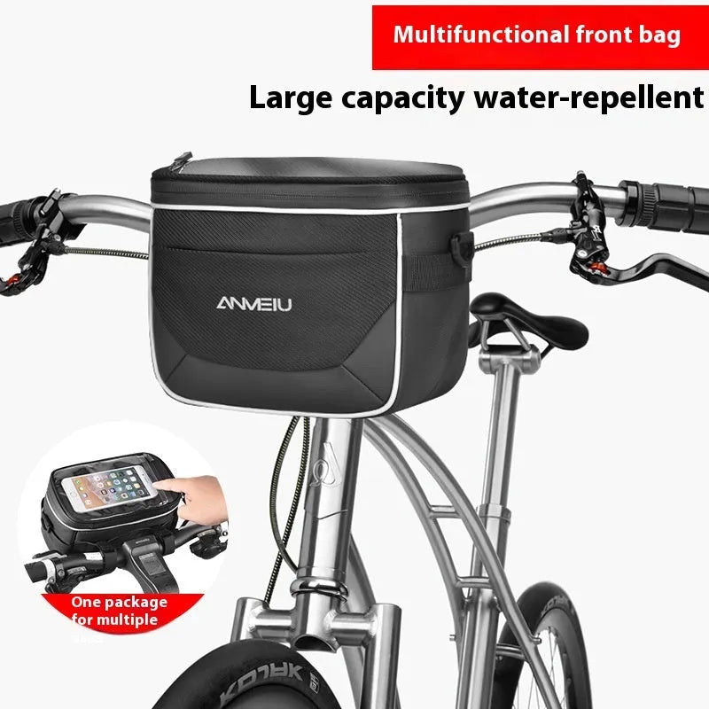 Black waterproof bicycle handlebar bag mounted on bike with folding design showing 7-inch height measurement