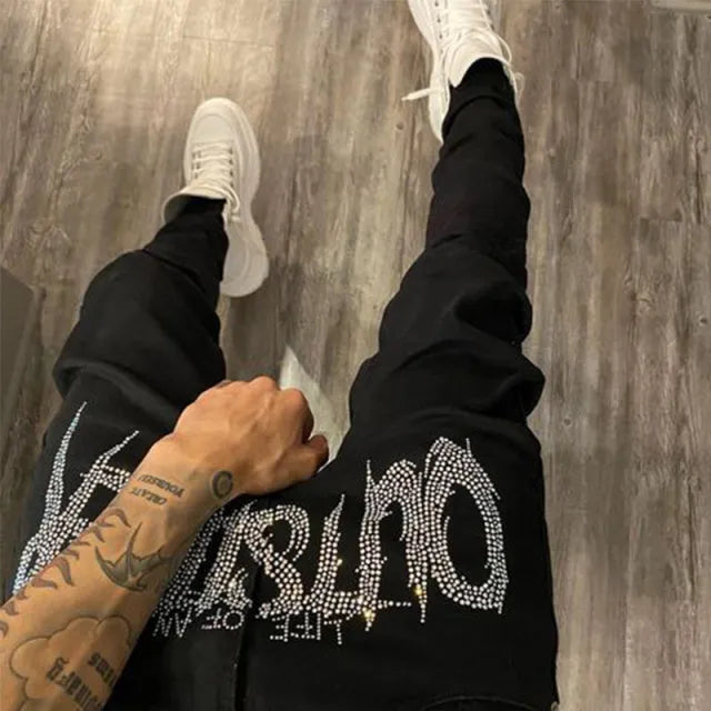 Men's black ripped jeans with stretch denim, regular fit, 70% cotton 30% polyester blend