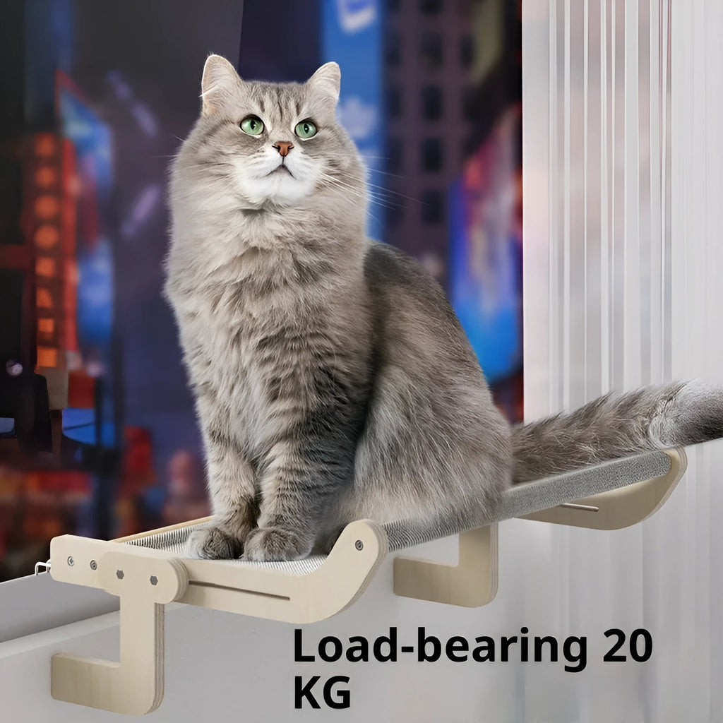 Extra large cat hanging bed with solid wood frame and canvas hammock, available in blue, gray, pink, or yellow for balcony or window use