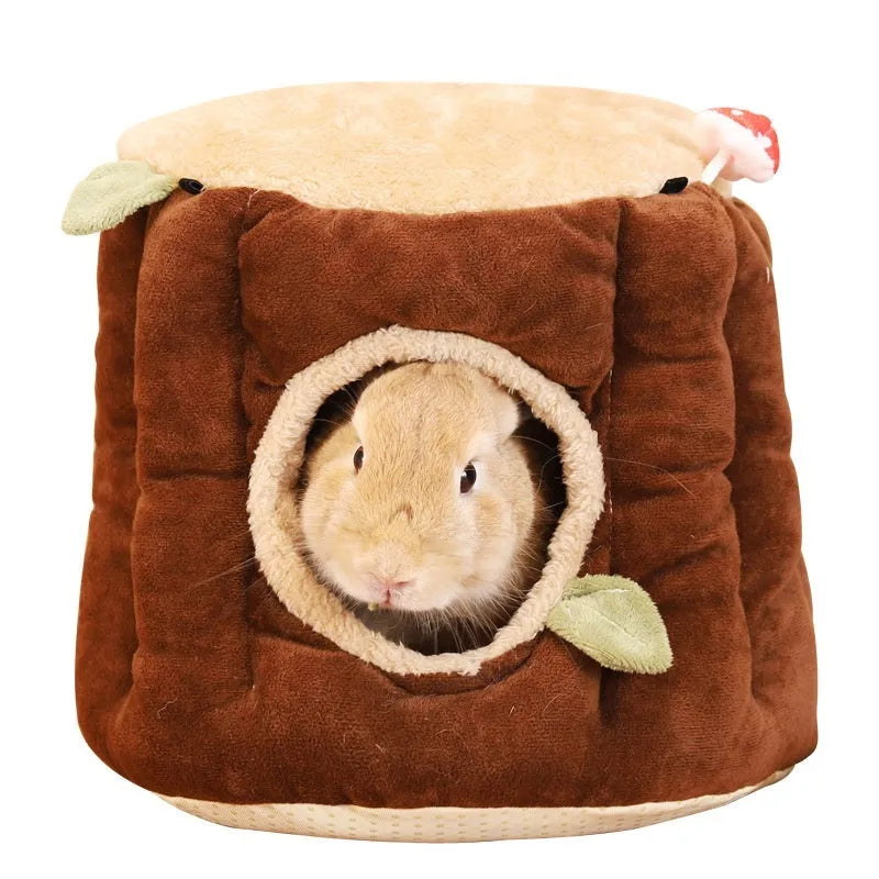 Brown cloth hanging stump nest for rabbits or small pets, shown in three size options S, M, L.