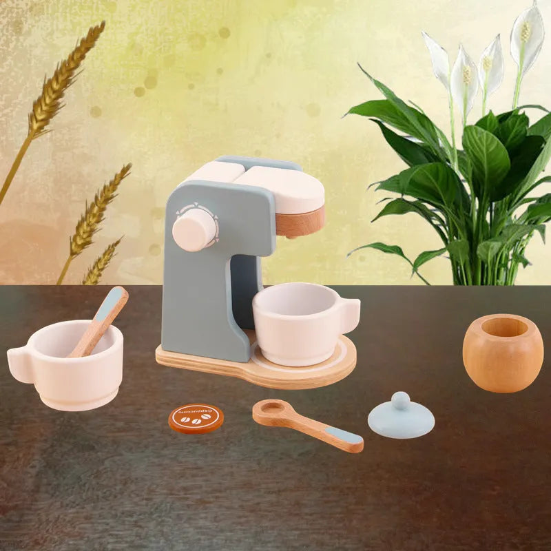 Wooden children play house toy set with Maca Dragon coloured bread maker, coffee maker, and juicer