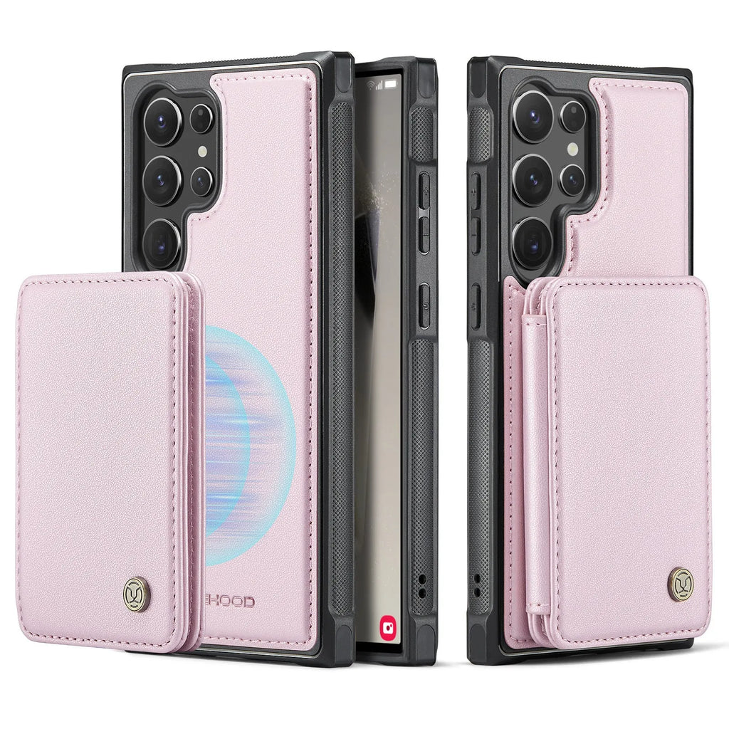 Magnetic card phone case for Samsung in black with drop-resistant imitation leather wallet style
