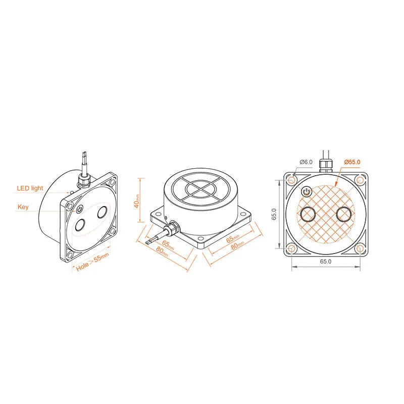 Moray ME201W wireless fluid level sensor with white PC plastic housing and connected power supply for remote tank monitoring.