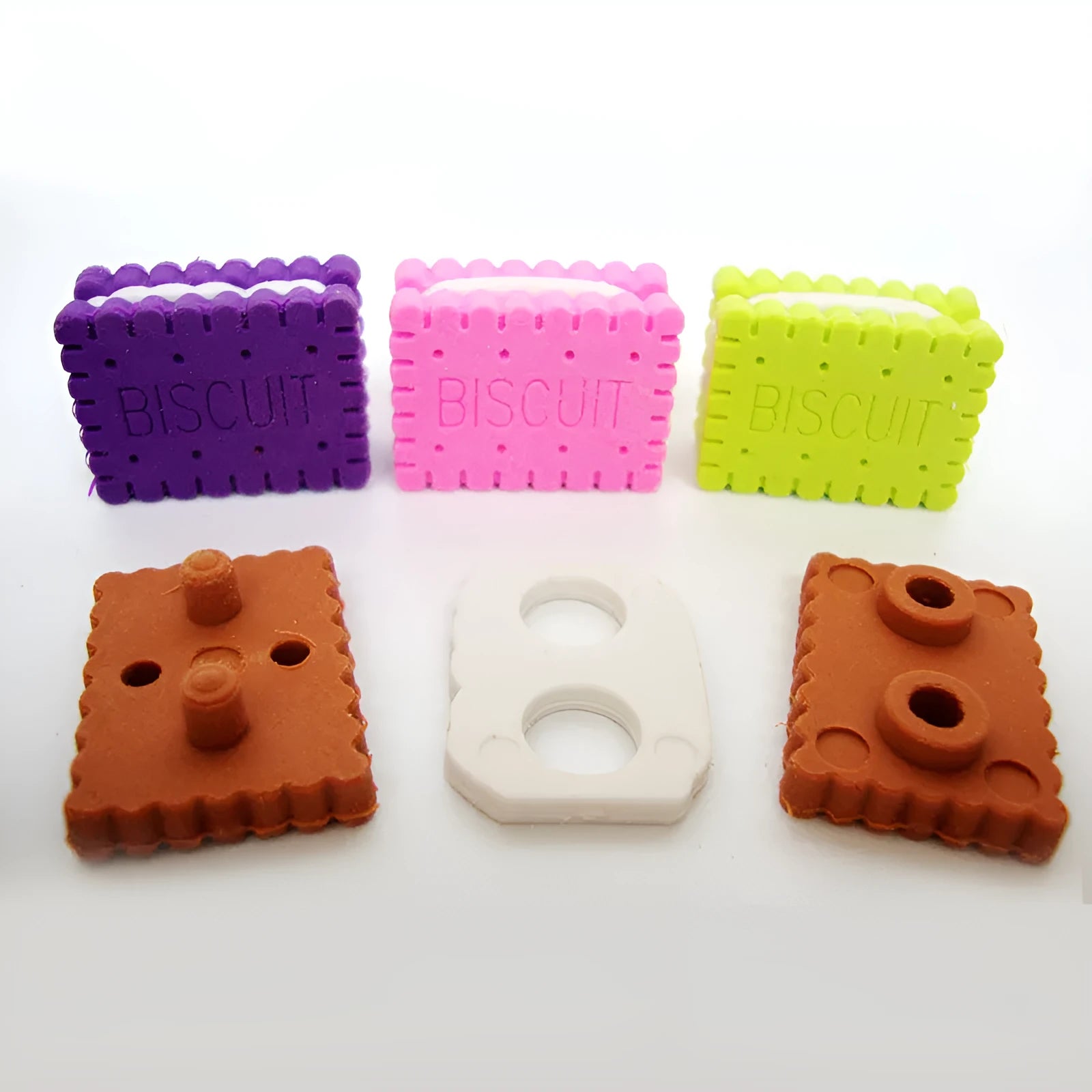 Sandwich biscuit shaped novelty eraser in food cake design with TPR material, shown in brown colour at 2.7 cm size