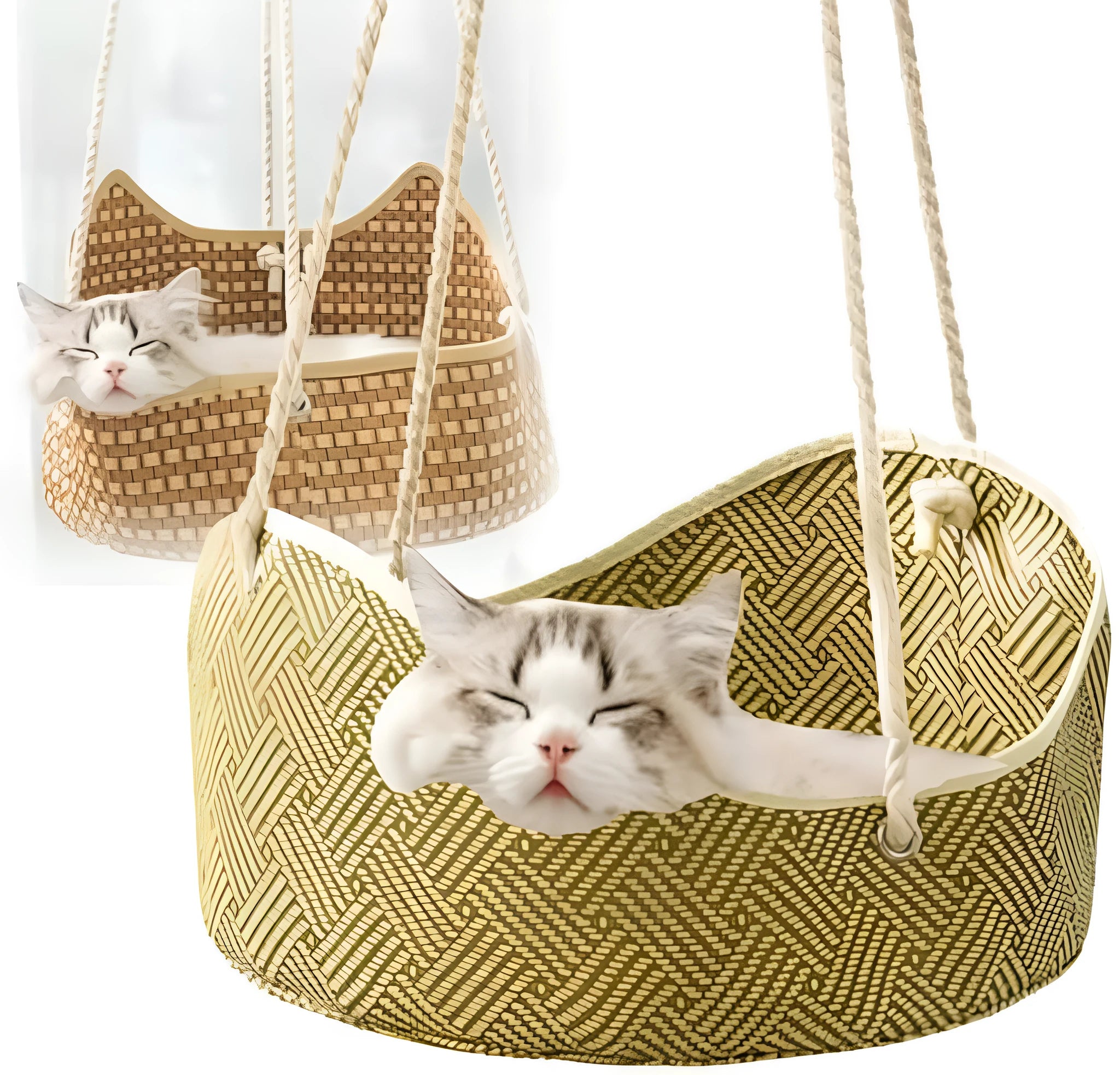 Green rattan cat hammock with metal hooks hanging from a shelf