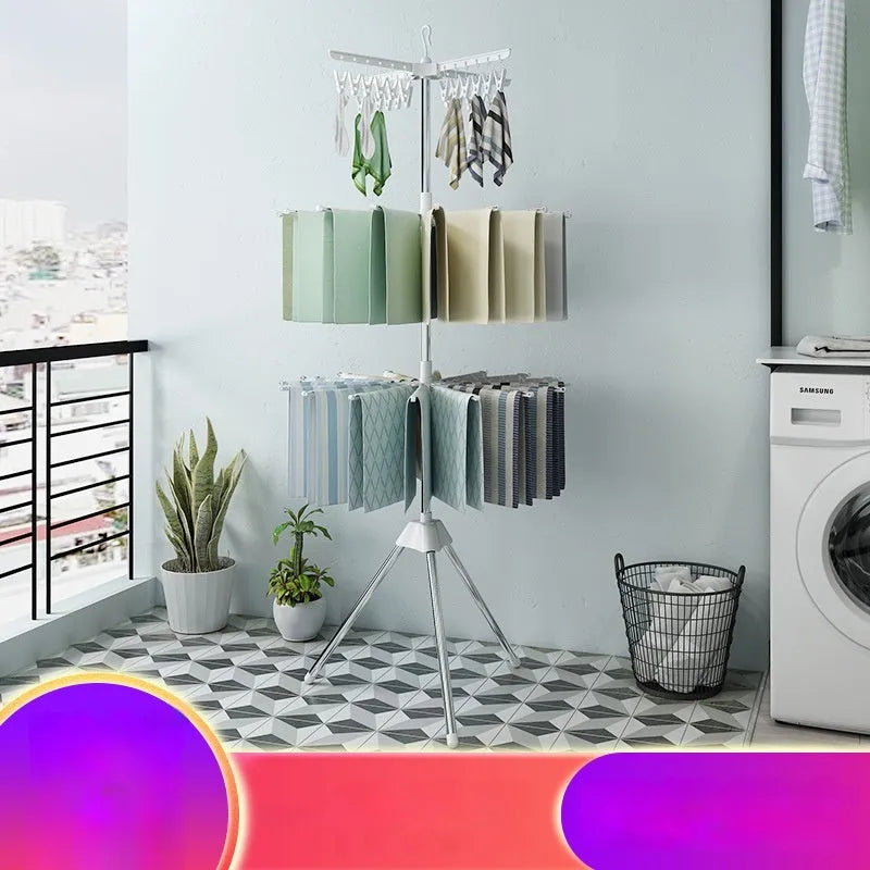 Three-layer stainless steel clothes drying rack with plastic clips for socks, ties, and trousers organisation